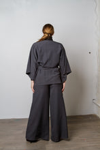 Load image into Gallery viewer, Grey belted Kimono jacket  with side pockets